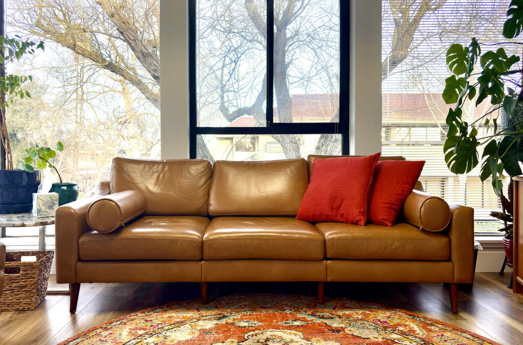 Leather couch in mental health counseling office. Davis, California.