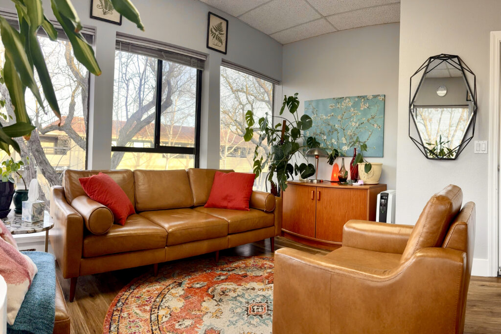 Comfortable leather couches in psychotherapy office in Davis CA